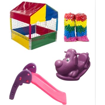 🌈 Kit Alegria Infantil Completo 🐶💦 | Piscina 1x1 + Escorregador Baby + Gangorra Cachorrinho + 400 ou 500 Bolinhas
