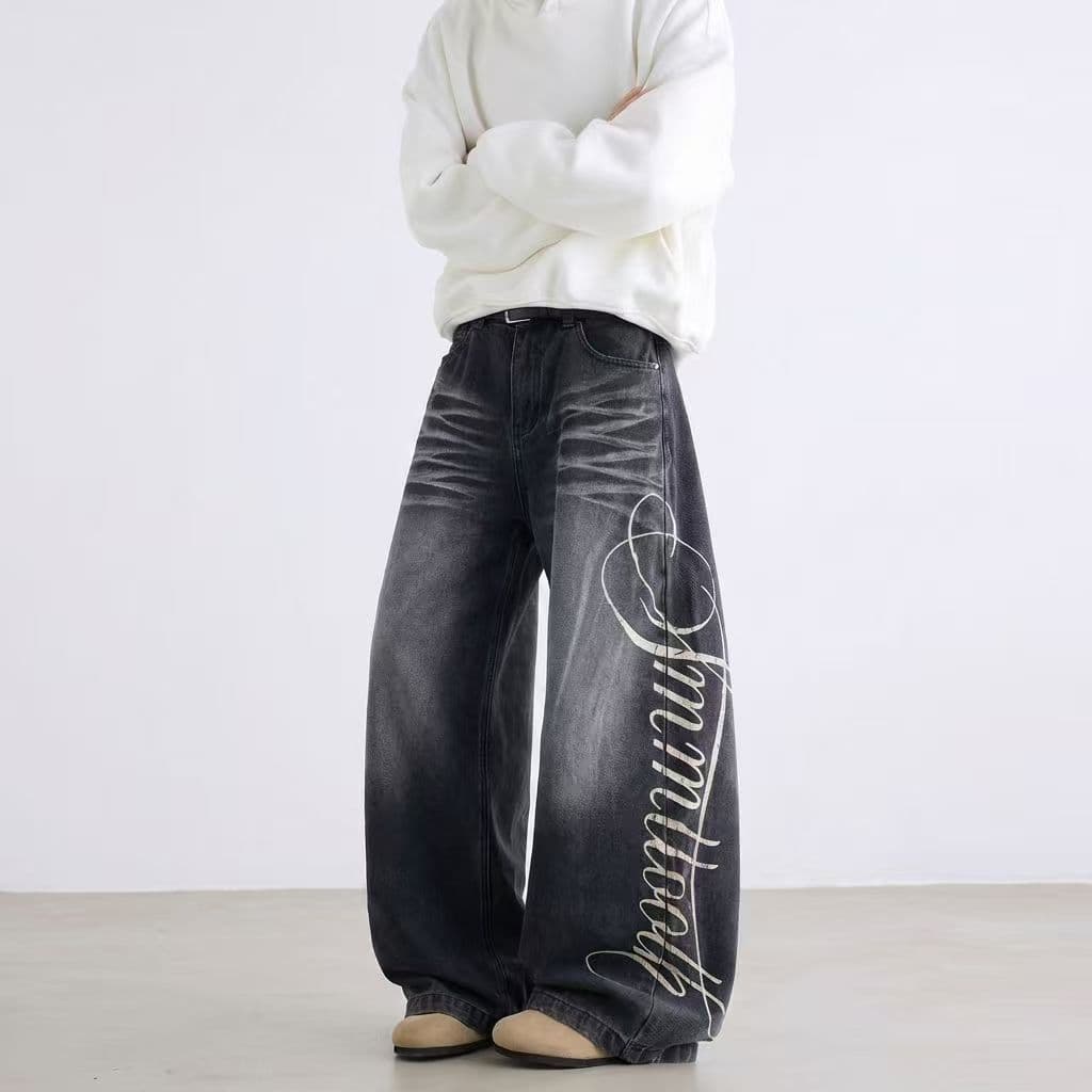 Calça Jeans Masculina Baggy Wide Leg Estampa Lateral Algodão Elastano Desgastada