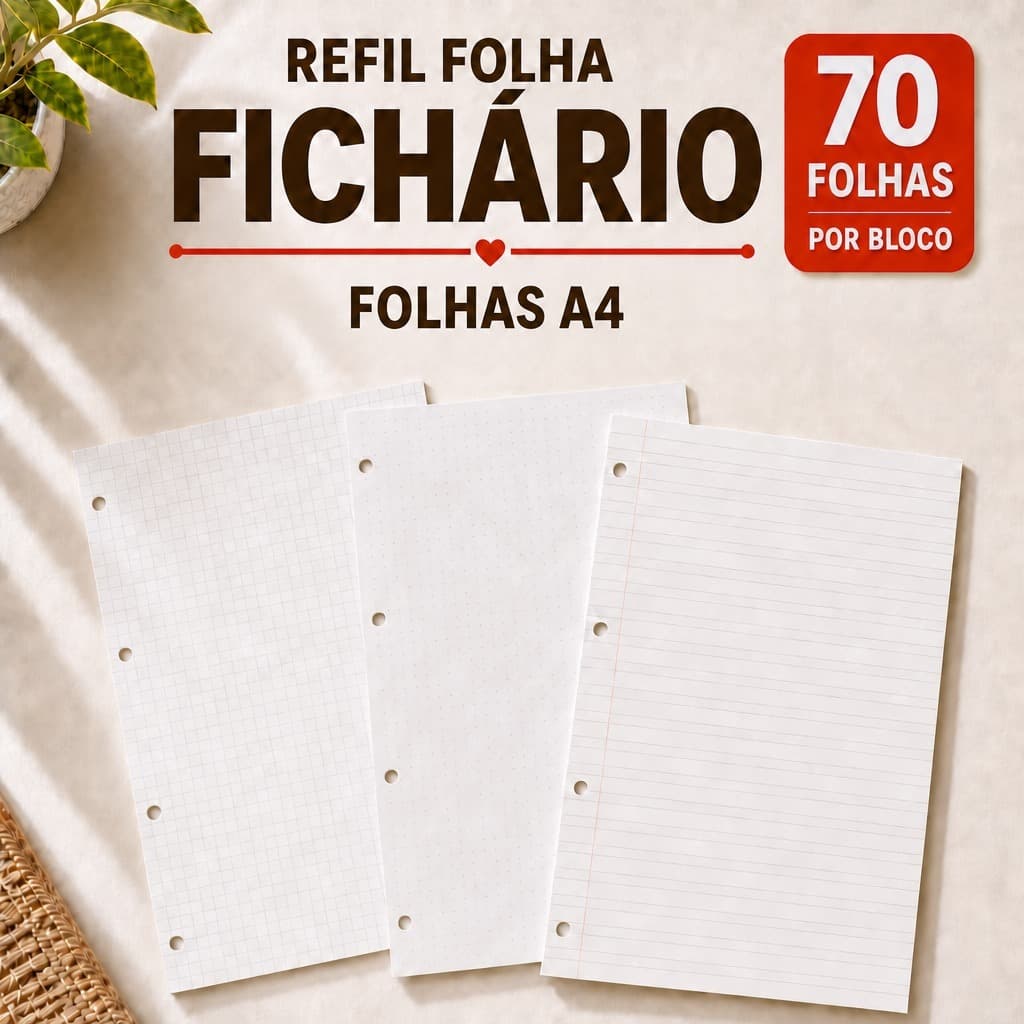 Refil Folhas de Fichário Pautadas A4 70 Folhas Desenho Caligrafia Caderno Universitário