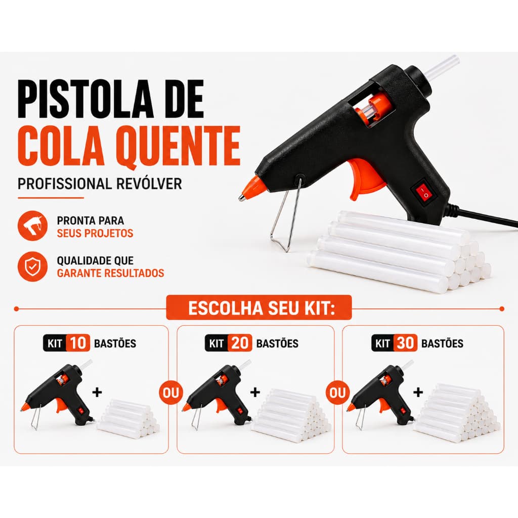 Pistola de Cola Quente Bivolt Pequena Profissional Revolver + 10 20 ou 30 Bastões