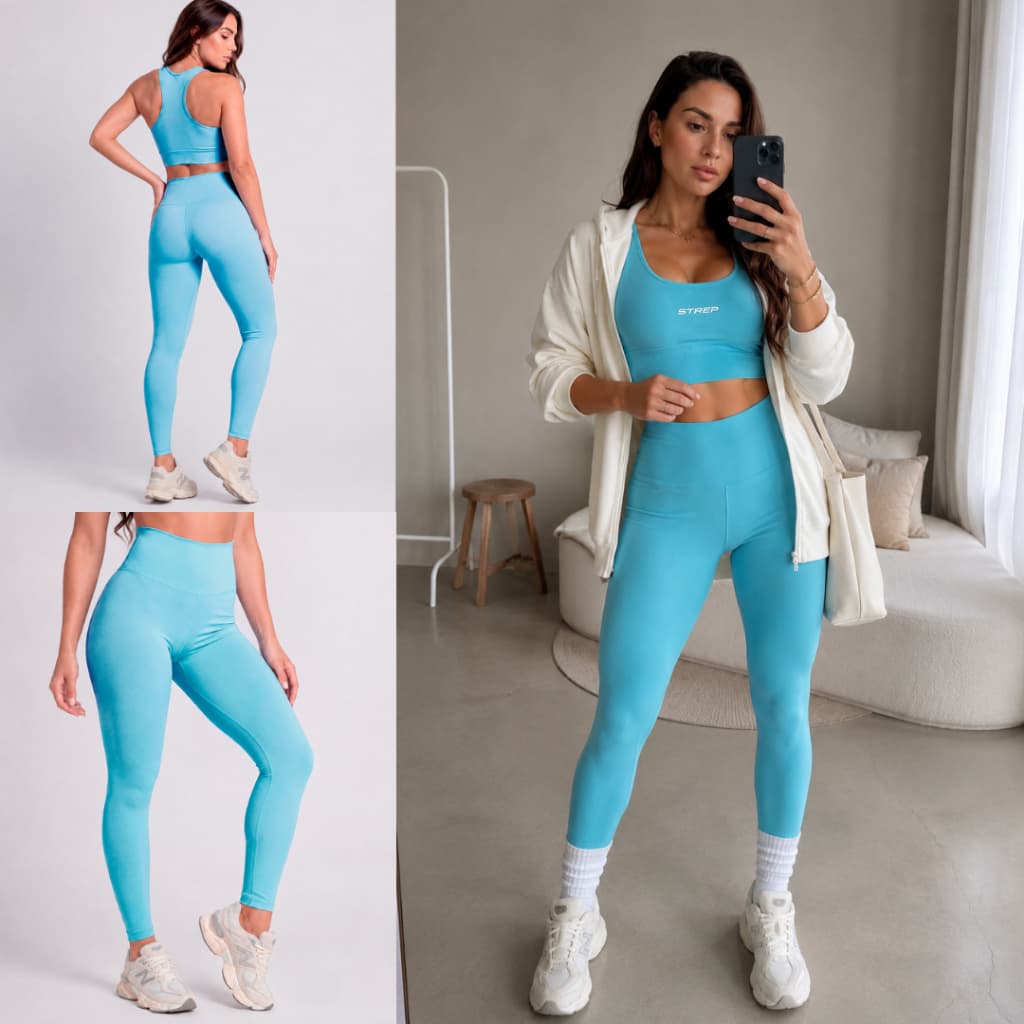 Conjunto Academia Top Fitness e Legging Cintura Alta Zero Transparência Suplex Strep Original Azul Amarelo Marrom Azul