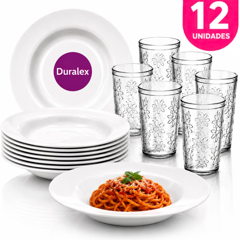 Kit 12 Peças Jogo Louça 6 Pratos Menu Vidro Branco Fundo e 6 Copos Nature SM Nadir 270ml