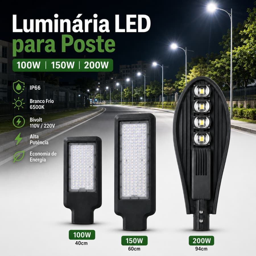 Luminária LED Postes 100W 150w 200w IP66 Alta Potência Economia Durável Exteriores Pública Bivolt