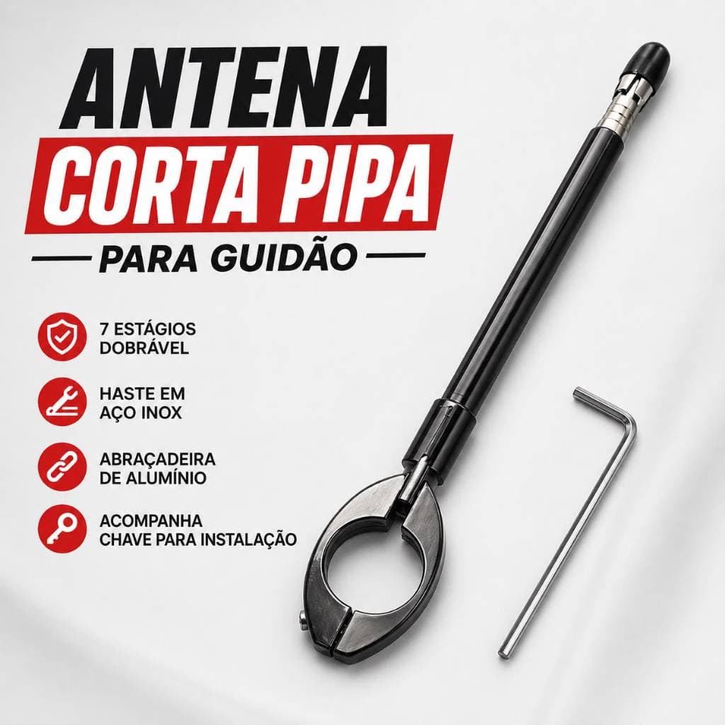 Antena Corta Pipa Moto Inox Retrátil  GUIDAO- Proteção 7 Estágios (Universal)   Motoboy Aço Inox Reforçada