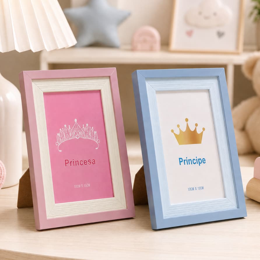 Porta Retrato Infantil 10x15 Princesa e Príncipe Rosa ou Azul para Quarto Bebê Decoração