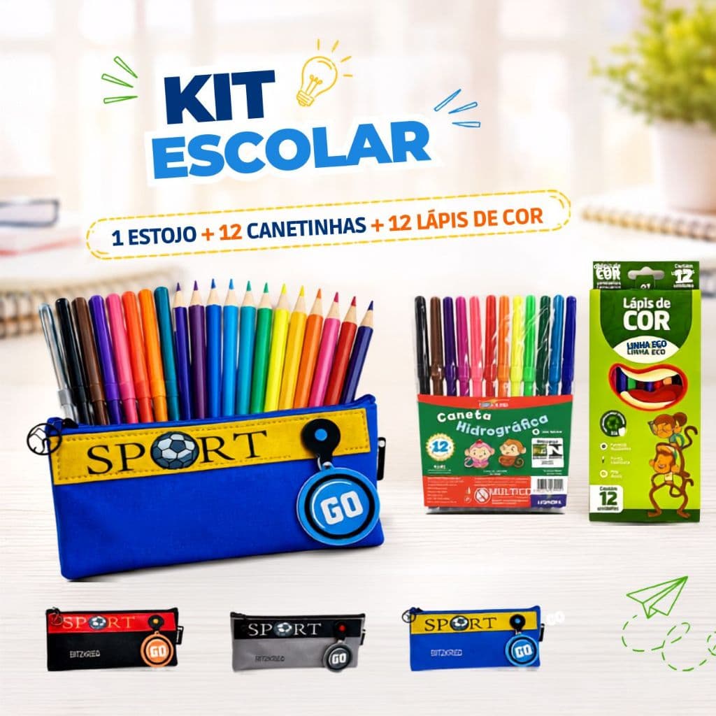 Kit Estojo Sport + Canetinha 12 Cores + Lápis de Cor 12 Cores Infantil Sport Menino Volta as Aulas
