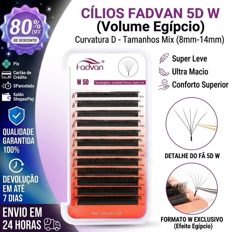 Cílios Extensão Fadvan 5D W - Volume Egípcio Natural Preto 0.07D