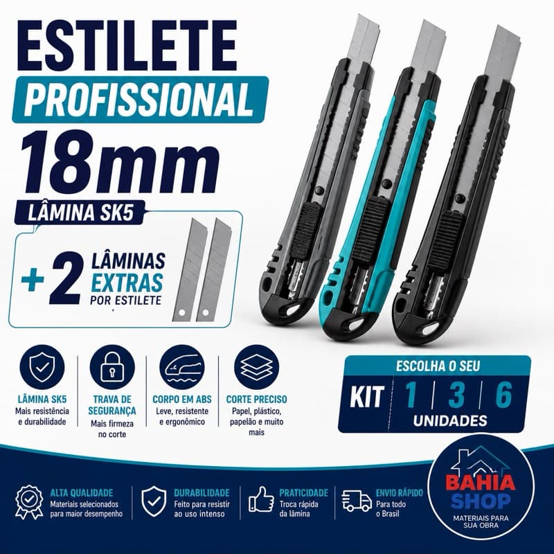 Estilete Profissional 18mm Lâmina SK5 + 2 Lâminas Extras Kit 1 3 ou 6 Unidades