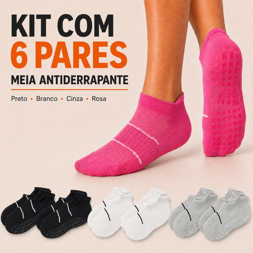 Meia Antiderrapante Feminina Yoga Pilates Hidroginástica Kit 3, 6 e 12 Pares Sapatilha Sortidas
