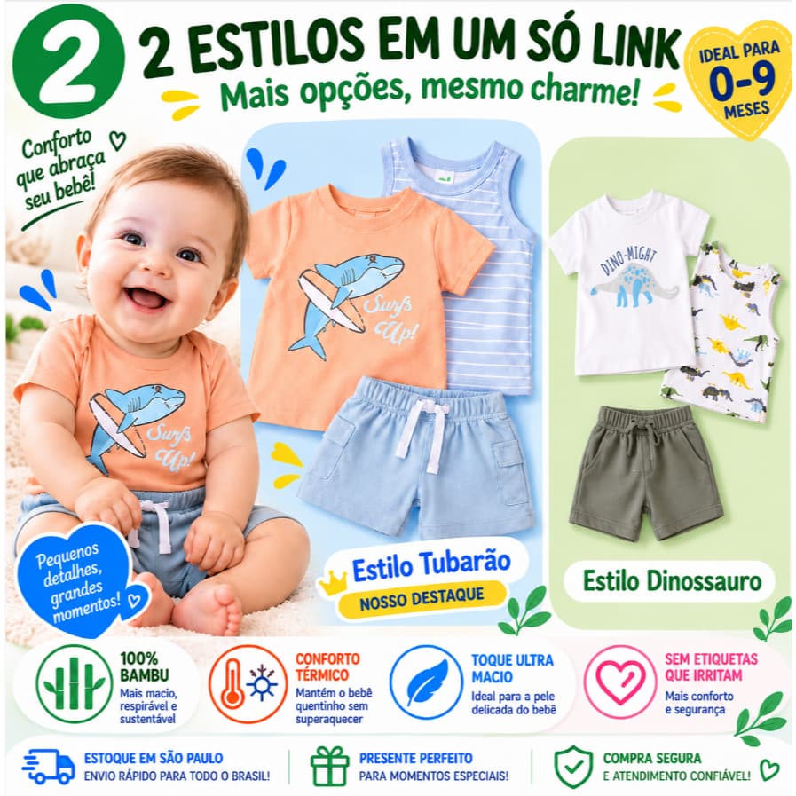 Conjunto Bebê Menino 3 Peças Camiseta Regata Shorts Roupa Infantil Verão Estampada 0 a 9 Meses
