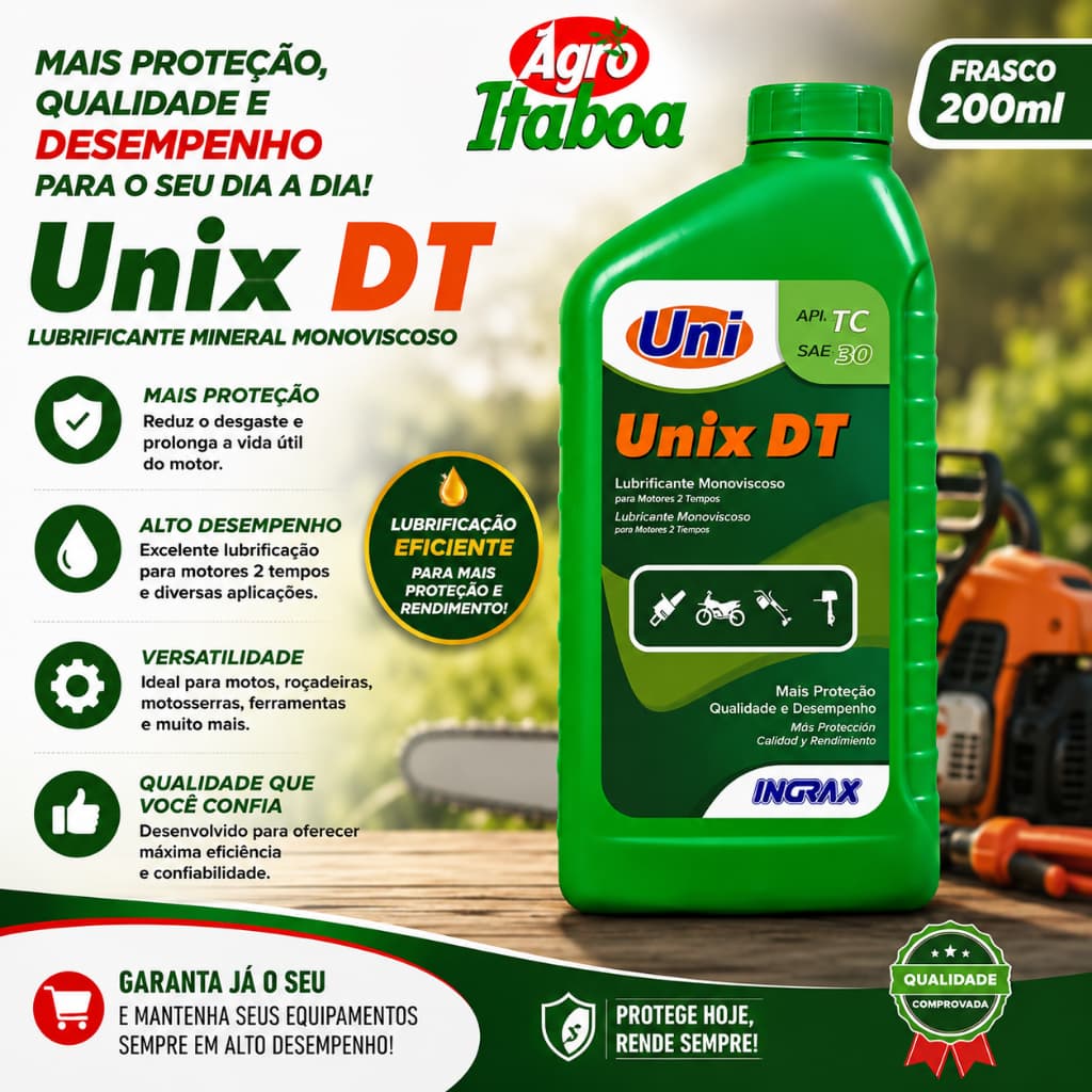 Oleo 2 Tempos Unix DT 200ml Oleo para Motosseras Motos Roçadeiras Oleo Lubrificante Motor 2 Tempo