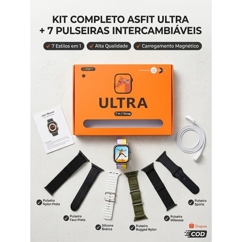 Smartwatch Ultra 2.01 Bluetooth com +7 pulseiras tela HD