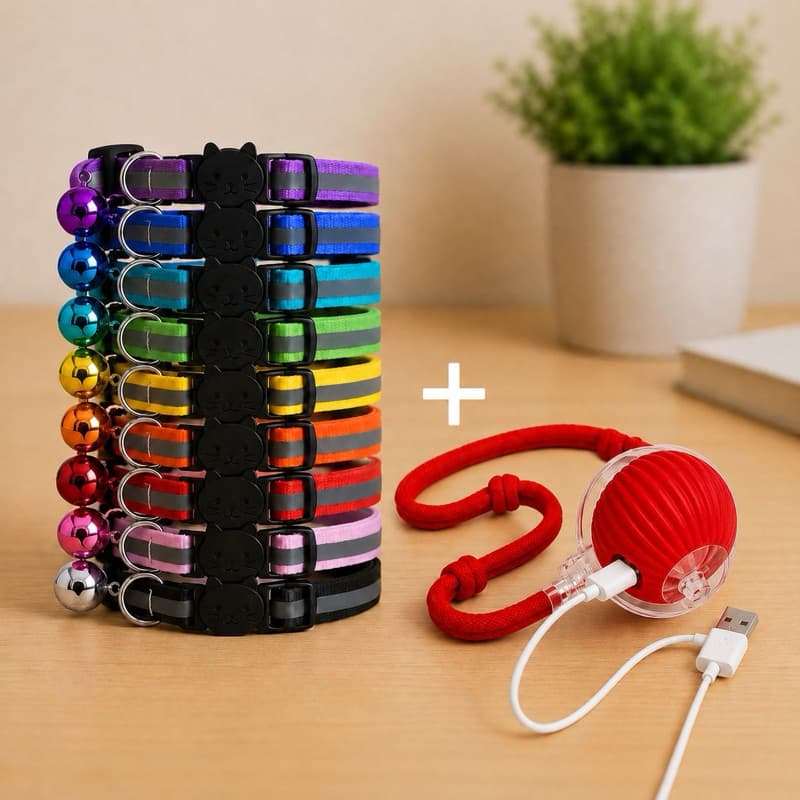 KIT Coleira Refletiva Com Sino + Bolinha Interativa Com Bateria