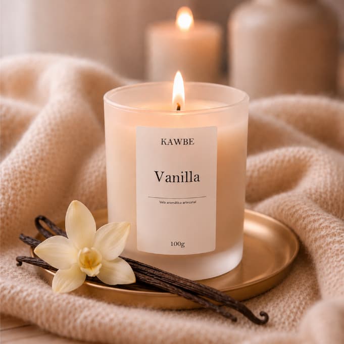 Vela Aromática artesanal Vanilla 100% vegana, PREMIUM, cera de coco, com essência premium Baunilha