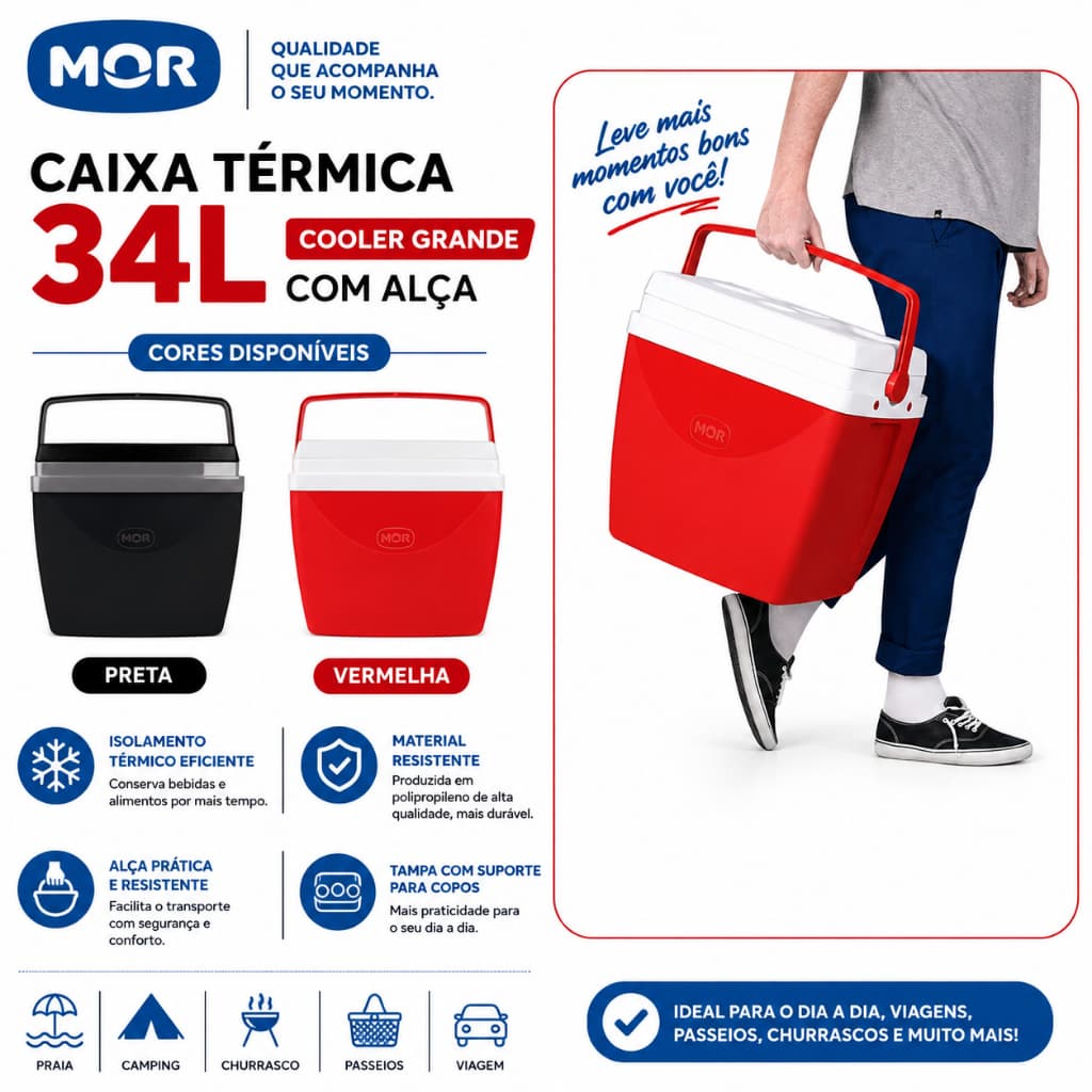 Caixa Térmica 34 Litros Mor Cooler Grande Para Praia Camping Pesca Churrasco Viagem Bebidas Geladas