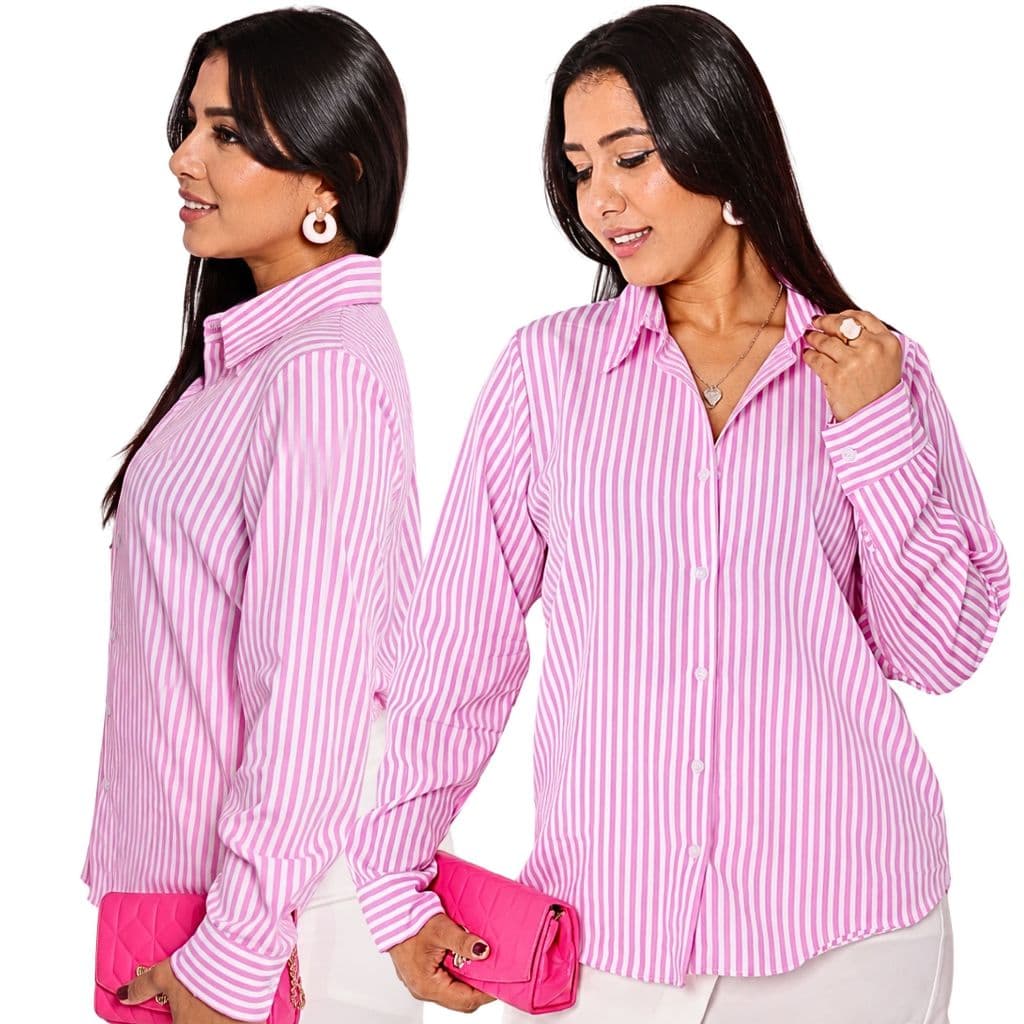 CAMISA FEMININA LISTRADA SOCIAL CREPE MANGA LONGA COM BOTÕES TAMANHOS M G GG G1