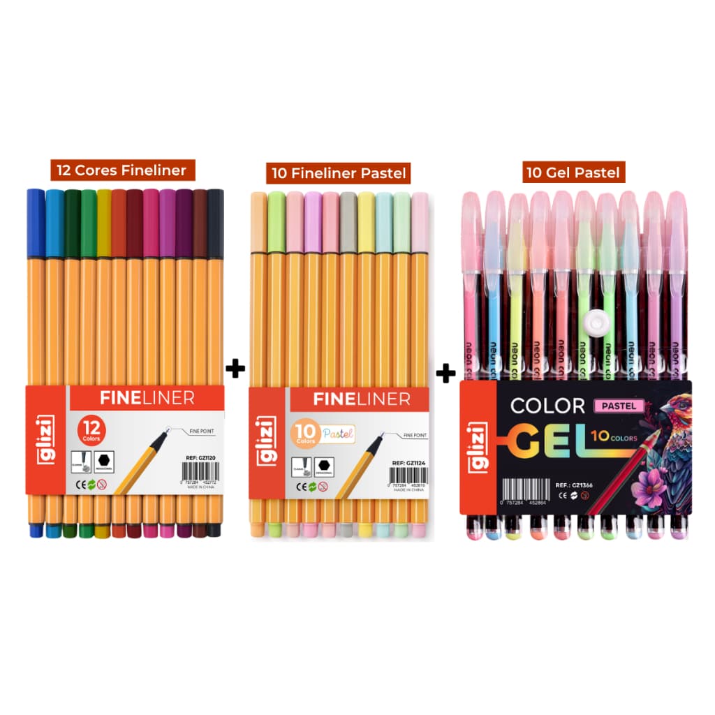 Kit Canetas Coloridas Ponta Fina 12 Cores + 10 Cores Pastel + 10 Gel Pastel