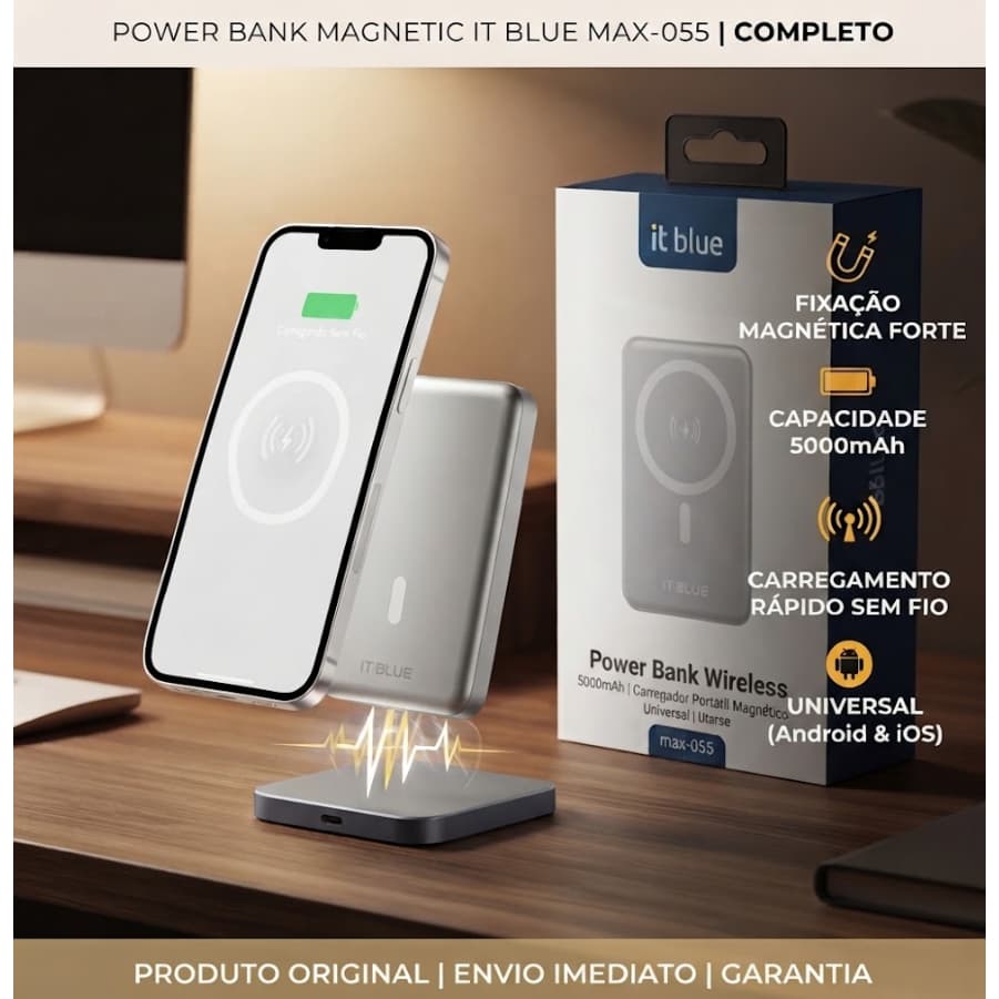 Power Bank Wireless 5000mAh Carregador Magnético Sem Fio