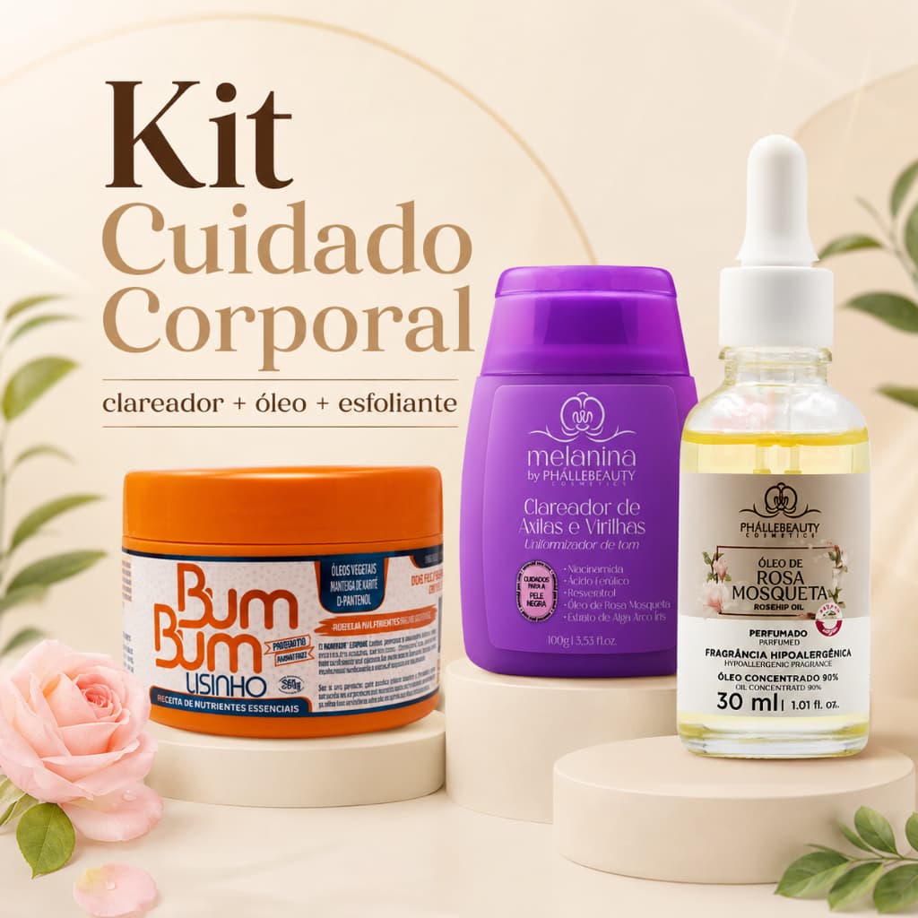 Kit Clareador Melanina Axilas e Virilhas 100g + Óleo Rosa Mosqueta 30ml + Bum Bum Lisinho Phállebeauty