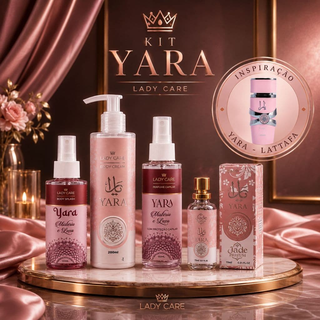Kit Yara Feminino Lady Care – Perfume Árabe, Body Splash, Body Cream e Perfume Capila