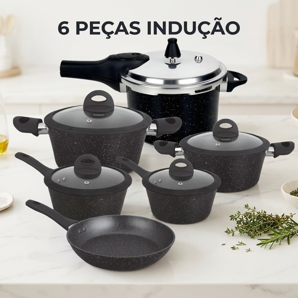 Jogo Panelas 6 Pecas Antiaderente Com Panela de Pressao serve para todos os tipos de fogoes -