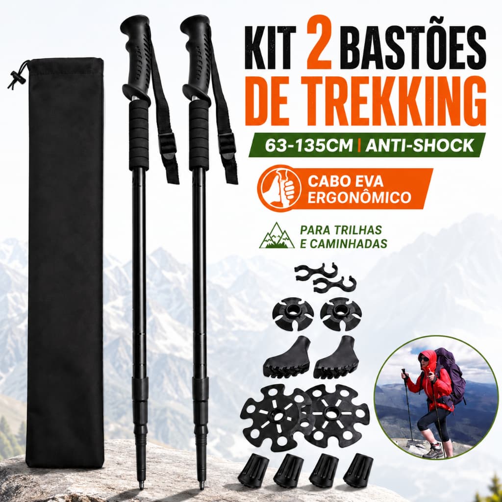 Kit 2 Bastões de Trekking Ajustáveis 63-135cm Anti-Shock com Cabo EVA para Trilhas e Caminhadas