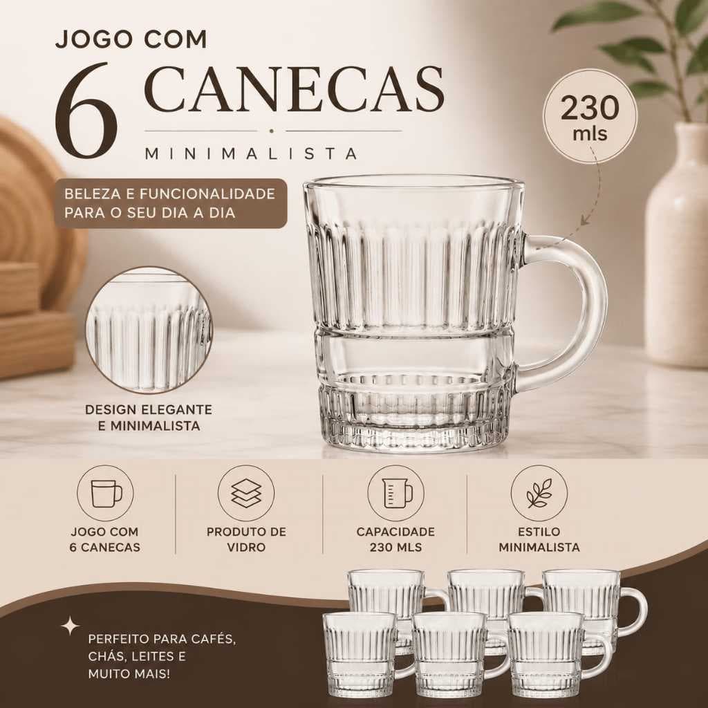 Jogo 6 Canecas Xícaras de Vidro Café Chá 230 ml WOLFF Diamante Luxo Minimalista