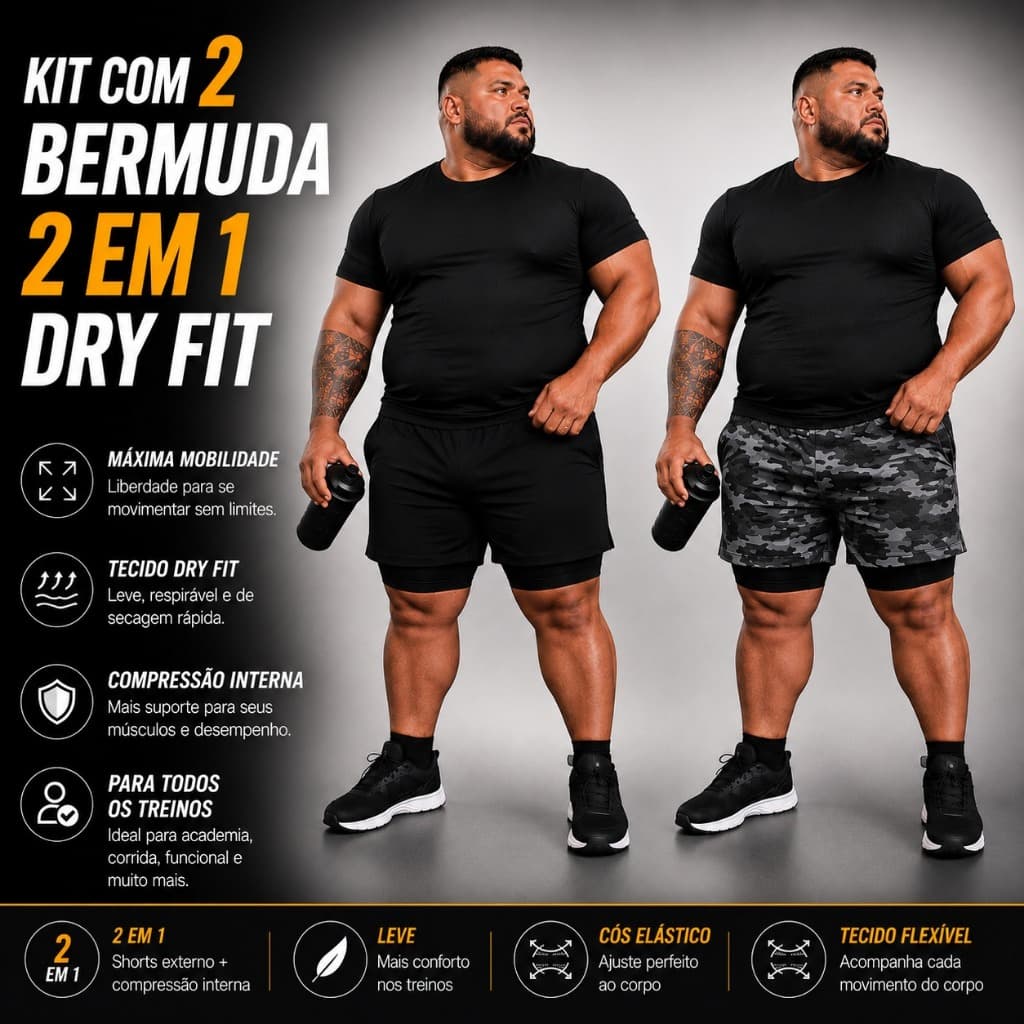 Kit 2 Shorts Masculino 2 em 1 M ao G3 com Compressão, Bolso interno para Celular e Tecido Dry FIt