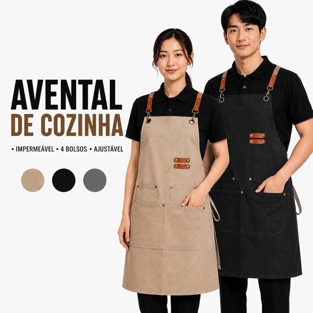 Avental Unissex Cozinha Profissional Impermeável Lona Canvas 4 Bolsos Ajustável Churrasco Evento
