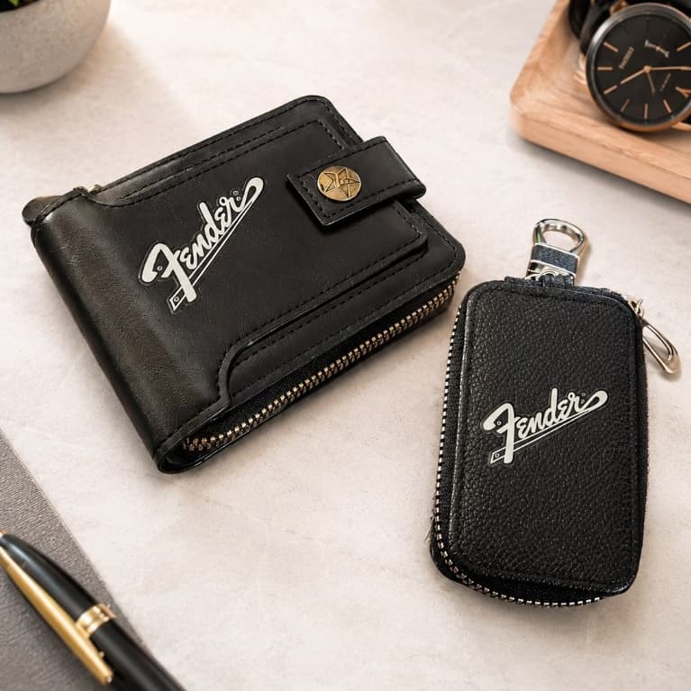 Kit Carteira Masculina e Porta Chaves Preto Estilo Fender
