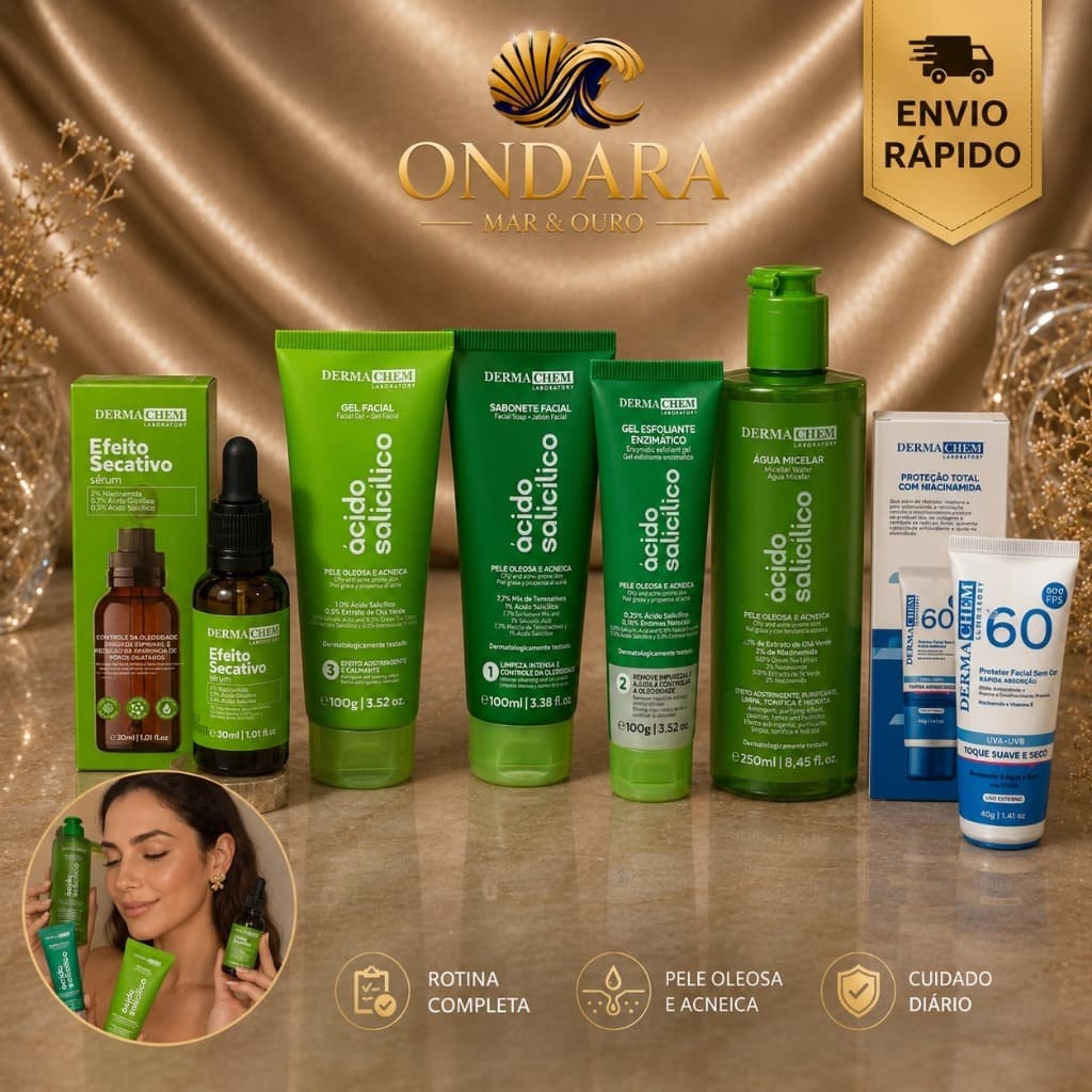 Derma Chem Ácido Salicílico para Pele Oleosa e Acneica Sérum Sabonete Gel Esfoliante Água Micelar Protetor FPS 60