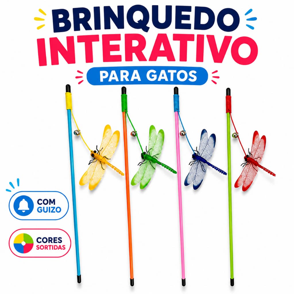 Brinquedo Varinha Libélula para Gatos com Guizo Interativa Cores Sortidas