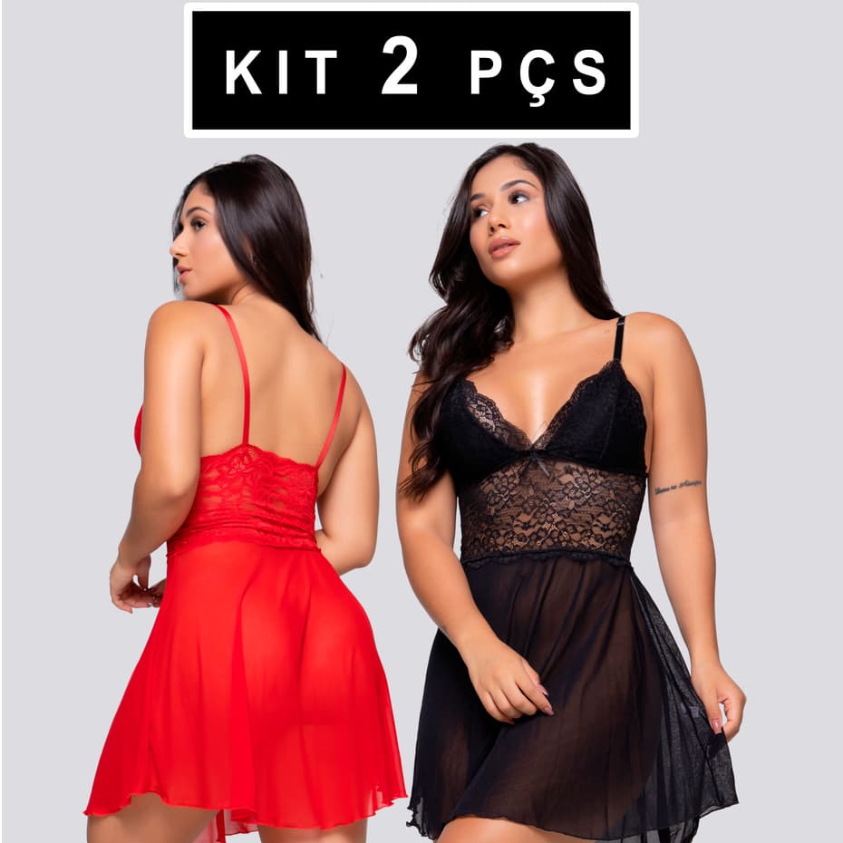 Kit 2 Camisola Feminina Sensual  Pijama Renda Luxo Roupa para dormir Baby Doll sem bojo