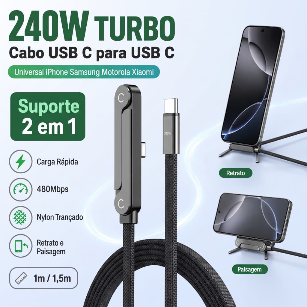 Cabo Tipo‑C 240W com Suporte Dobrável para Celular – Carregamento Rápido, Design 90° em L