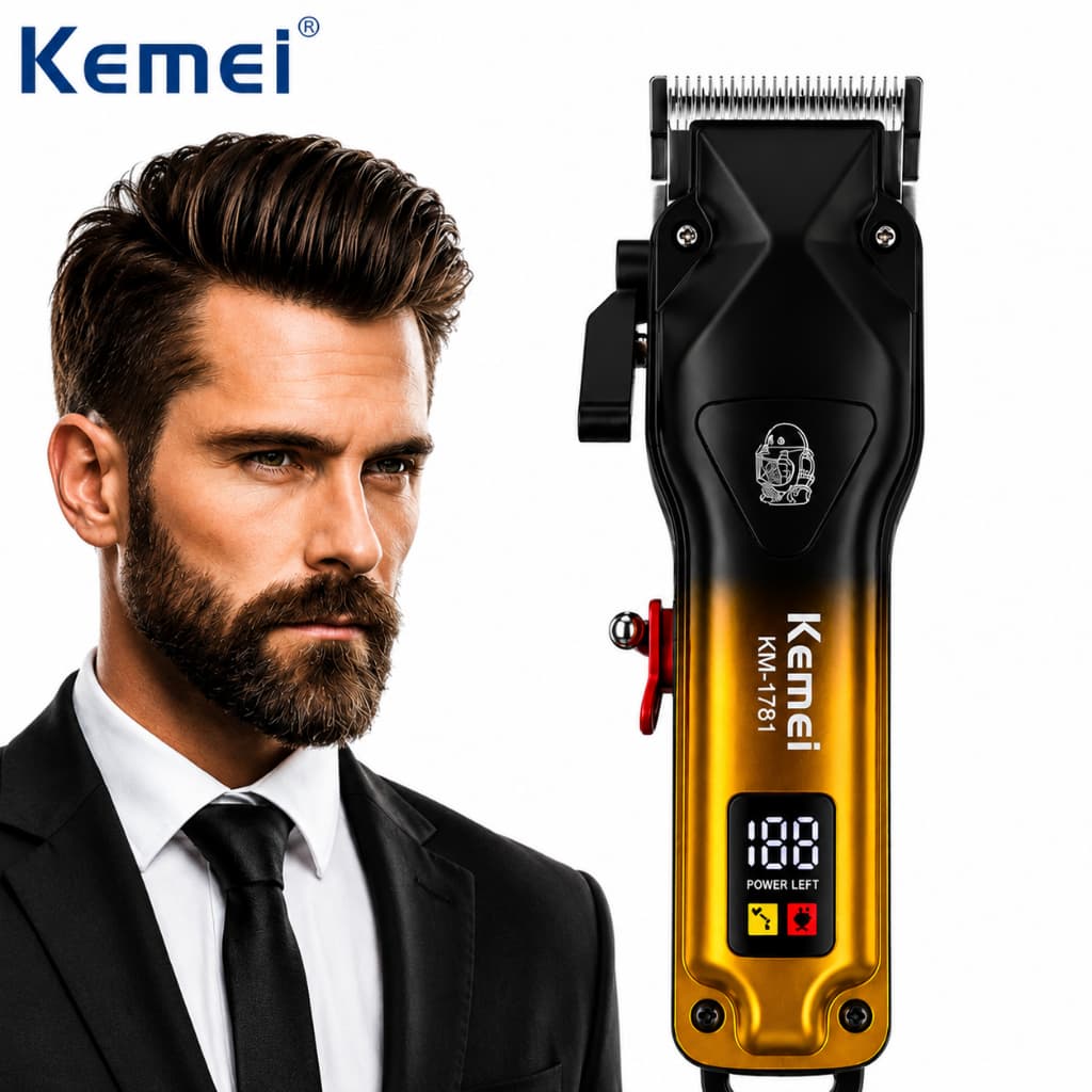 KIT Kemei Original Maquinas Profissionais Douradas Maquina de Cortar Cabelo+Acabamento+Shaver BIVOLT