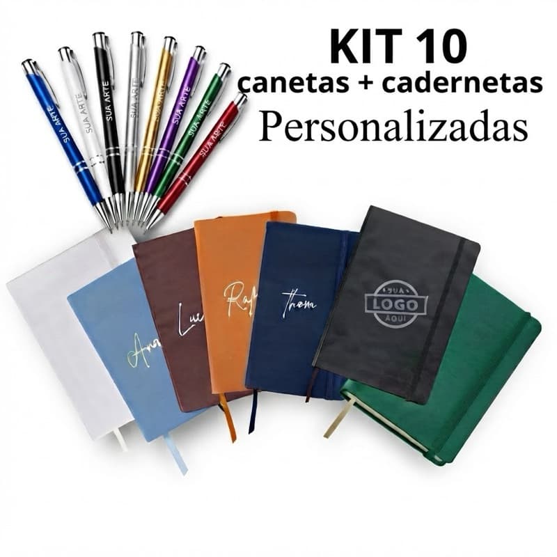 KIT 10 CANETAS + 10 CADERNETAS MOLESKINE PERSONALIZADAS BOAS VINDAS EMPRESA,LOGO, NOME