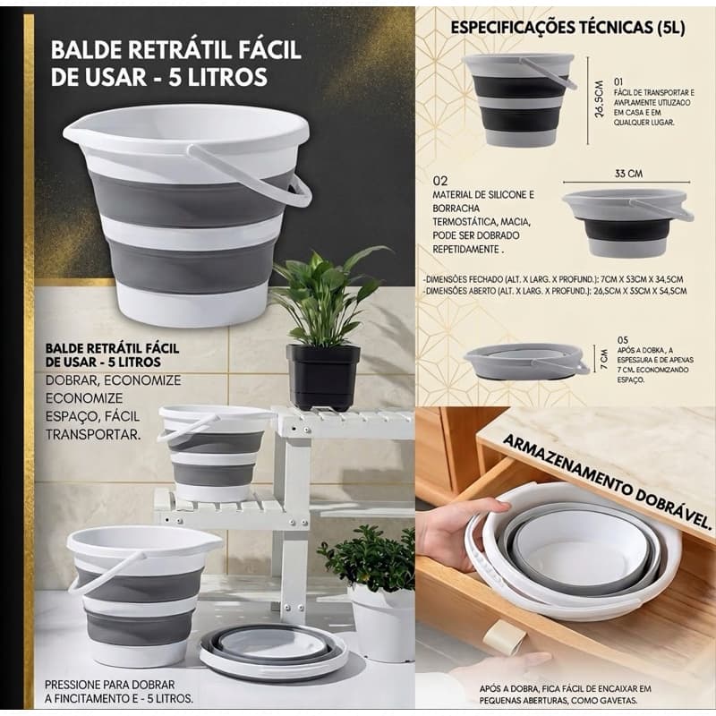Balde Dobrável 5 Litros VONDER Cinza e Branco 1 Espatula Compacto Uso Doméstico