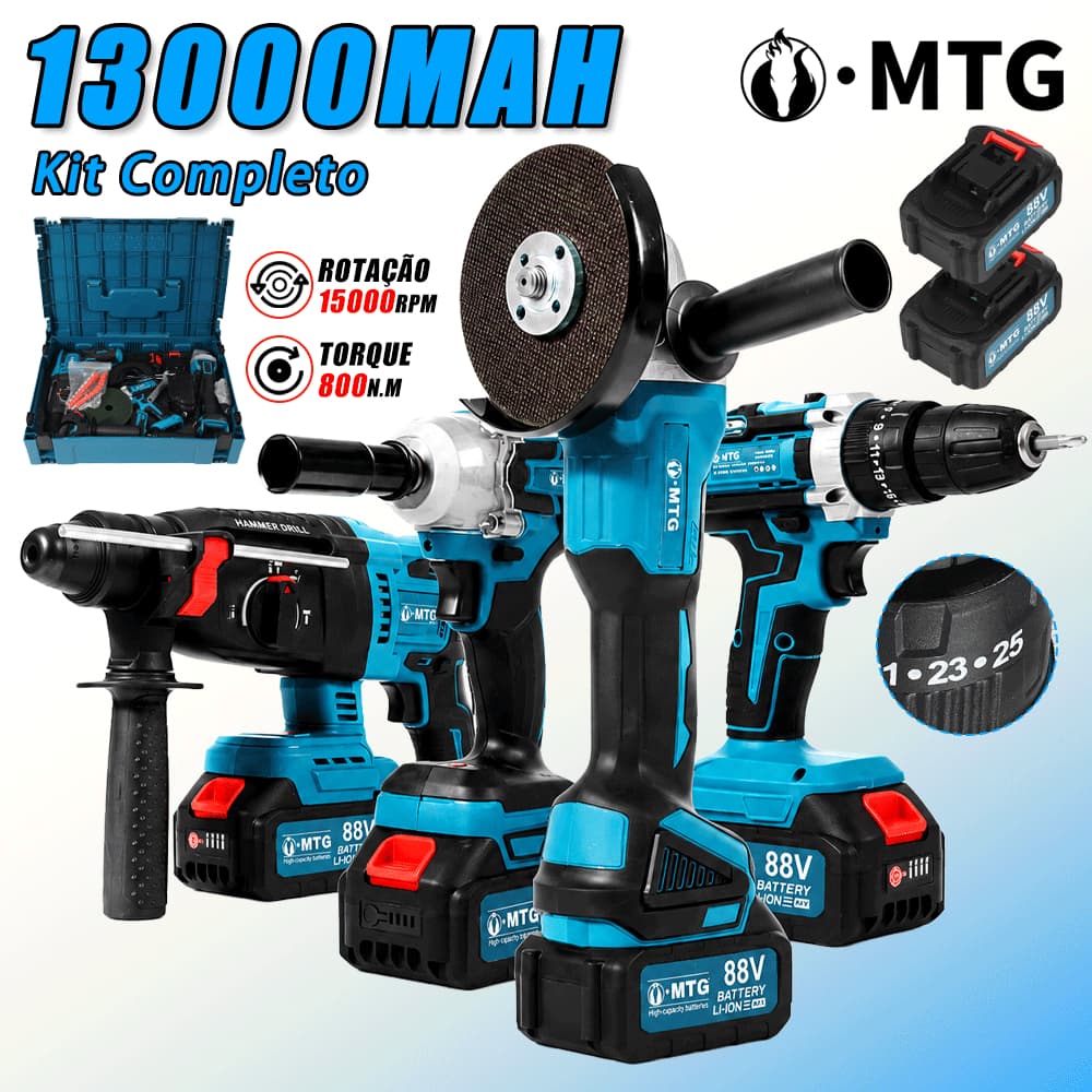 Kit MTG 3 em 1 Brushless: Furadeira, Chave de Impacto e Esmerilhadeira Sem Fio + Maleta