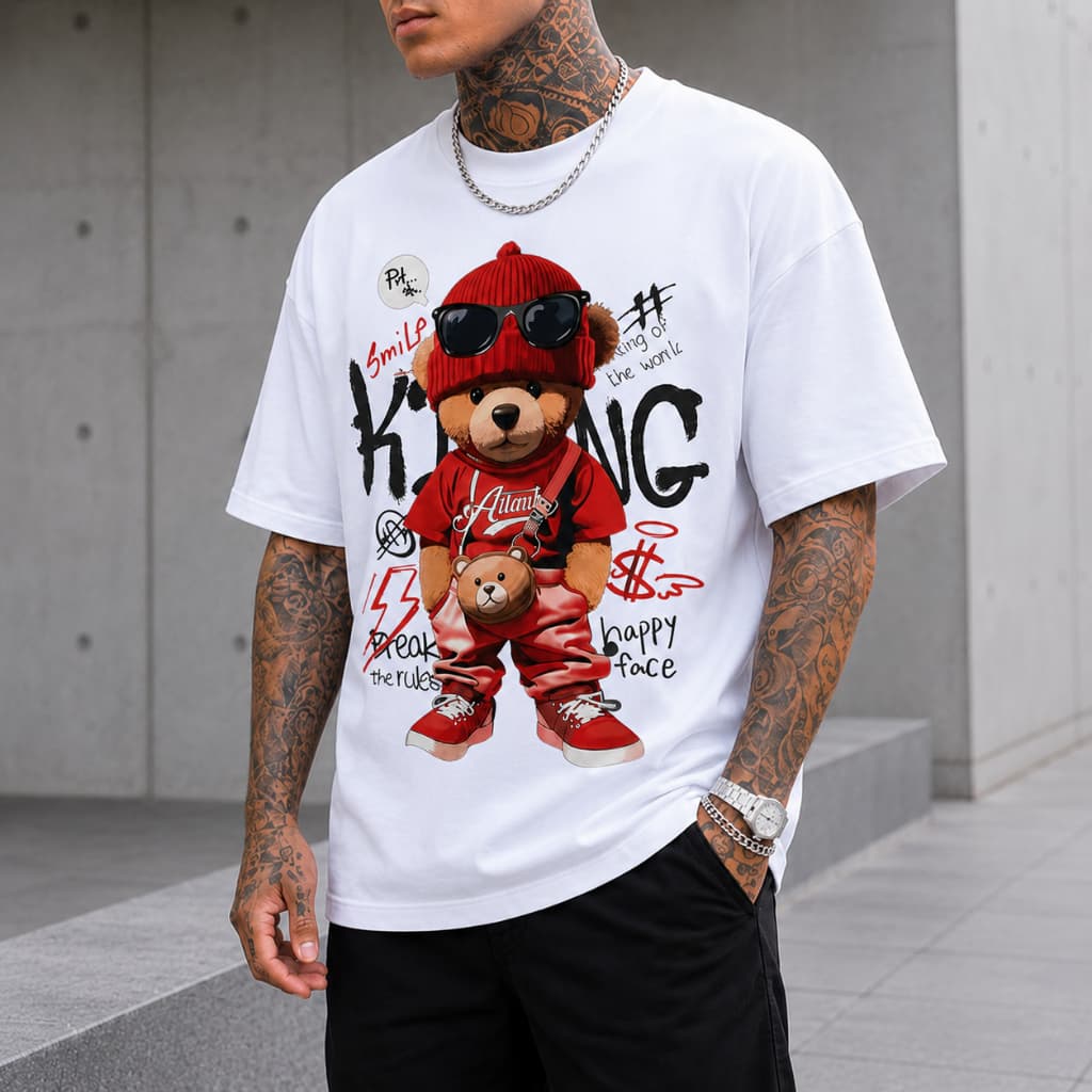 Camiseta Masculina Oversized Estampada Urso King Streetwear Branca Manga Curta Casual Moda Urbana