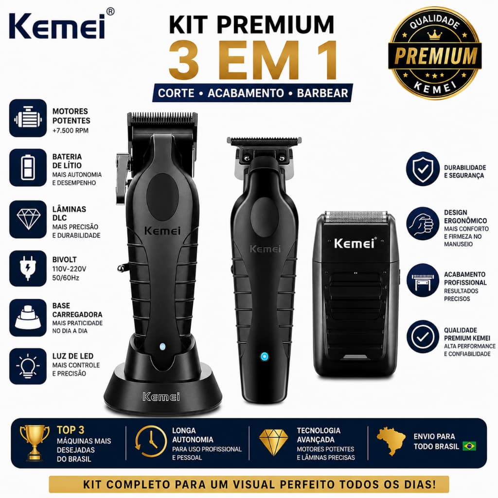 kit 3 Máquinas Original kemei Máquina de Corte km-2296 + Acabamento km-2299 + Barbeador km-1102 Profissional