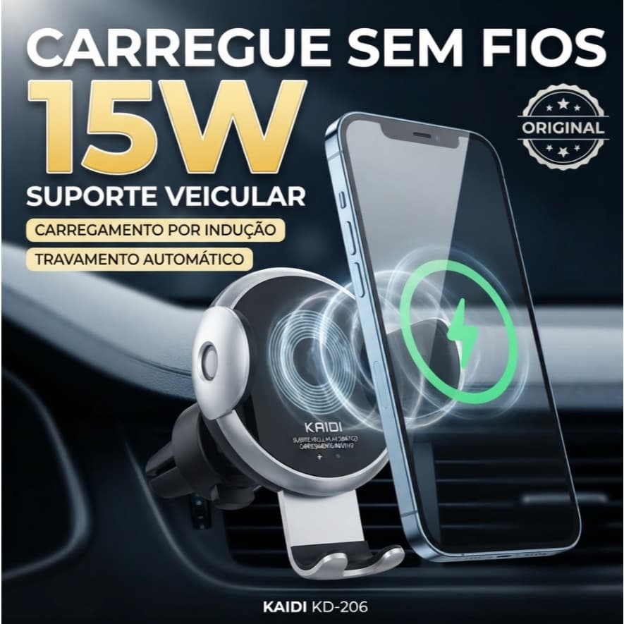 Suporte Veicular Kaidi KD-206 Carregador Sem Fio 15W Original