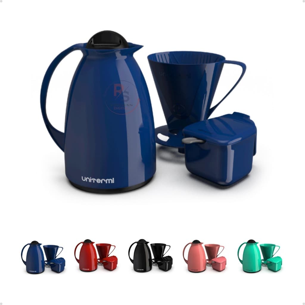 Kit Café Prático Azul Garrafa térmica + açucareiro + suporte filtro Unitermi