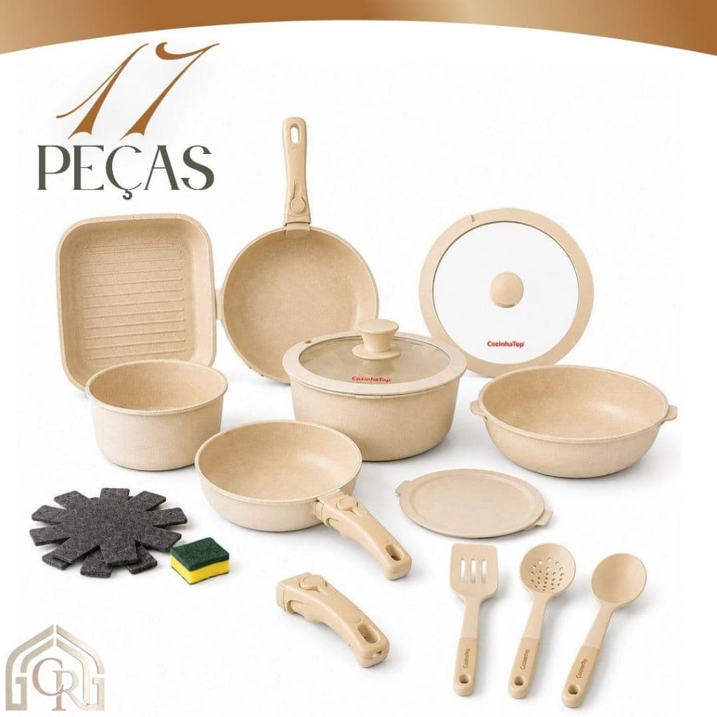 Kit Panelas Antiaderente Branco Durável 17 Peças Completo Fácil Uso Cozinha Alça Removível
