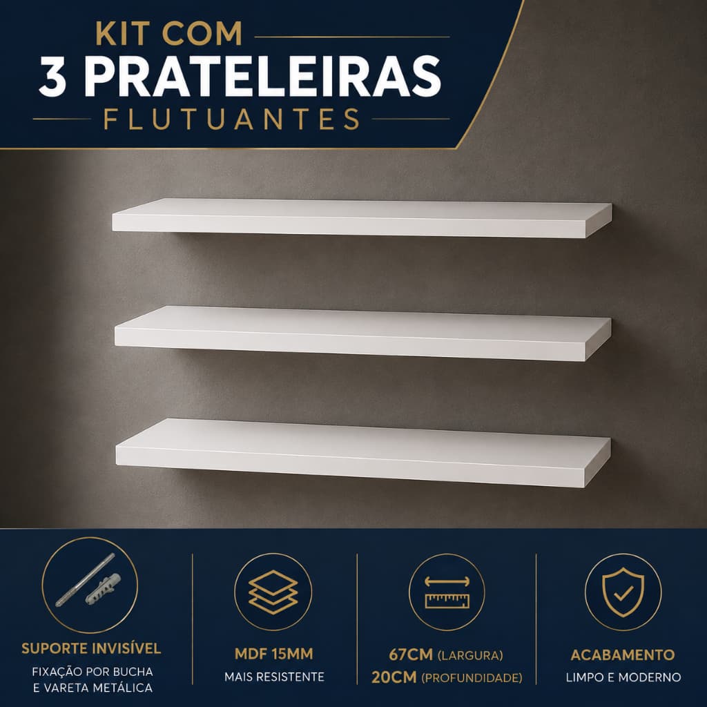Kit Prateleira Suspensa 3 Peças 67x20cm MDF 15mm + Suporte Invisível tipo Flutuante para Decoração e Organização