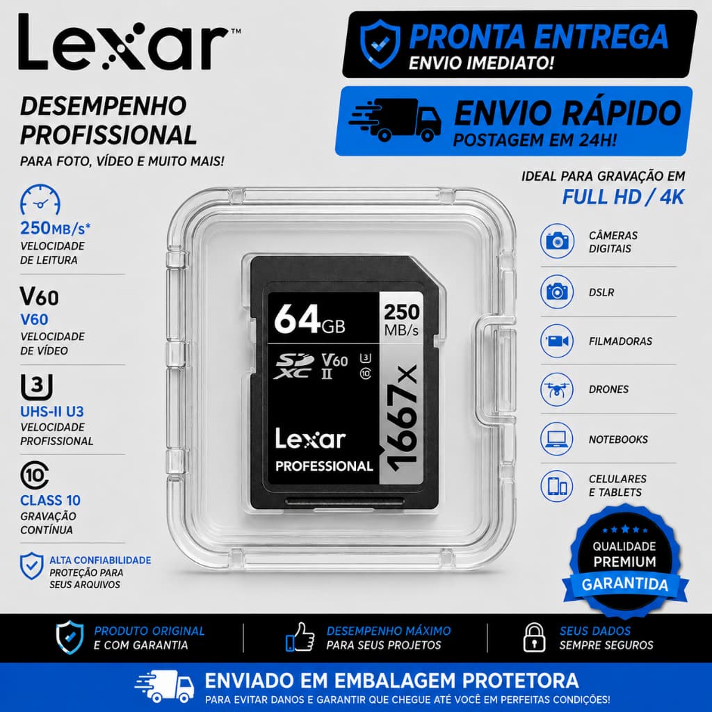 Cartão de Memória SD Lexar 32gb 64gb 128gb SDXC UHS-I C10 U3 V30 4K UHD Full HD Para Filmadoras - QUALIDADE PREMIUM