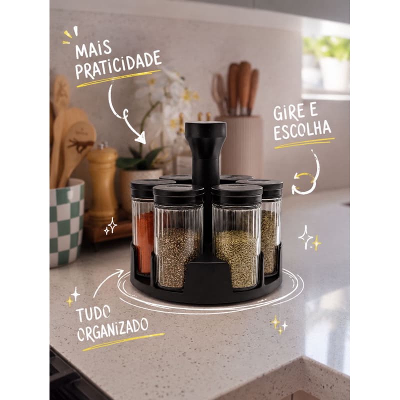 Porta Condimentos Giratório 360° com 6 Potes 85ml em Vidro, Porta Tempero Rotativo, Organização de Temperos na Bancada