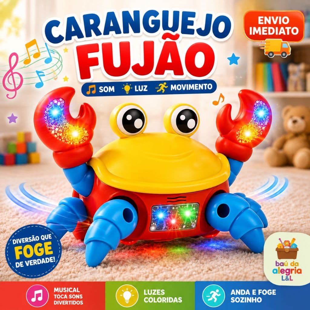 Brinquedo Caranguejo Fujão Musical com Som Luz e Movimento Infantil Bebê Criança Interativo Educativo Presente