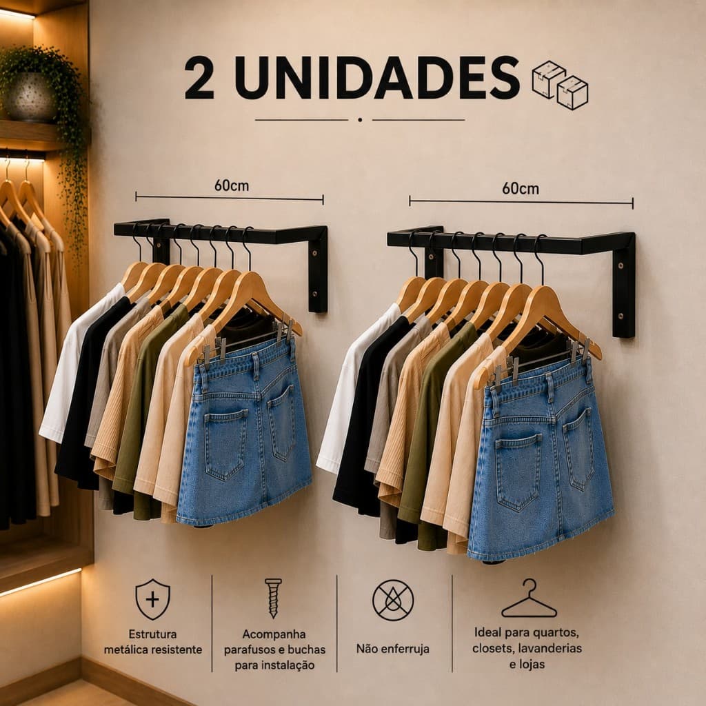 2 Araras De Roupa Parede 0.60m Suporte Roupas Cabideiro Quarto Closet Preto/Branco