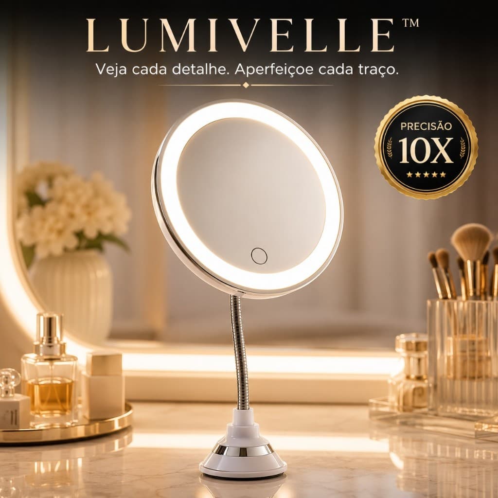 Espelho de Maquiagem LED 10X Lumivelle™ com Touch, Haste Flexível 360° e Ventosa para Bancada