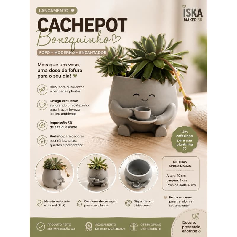 Cachepot Fofinho para Plantas | Vaso Decorativo Bonequinho com Xícara | Presente Criativo